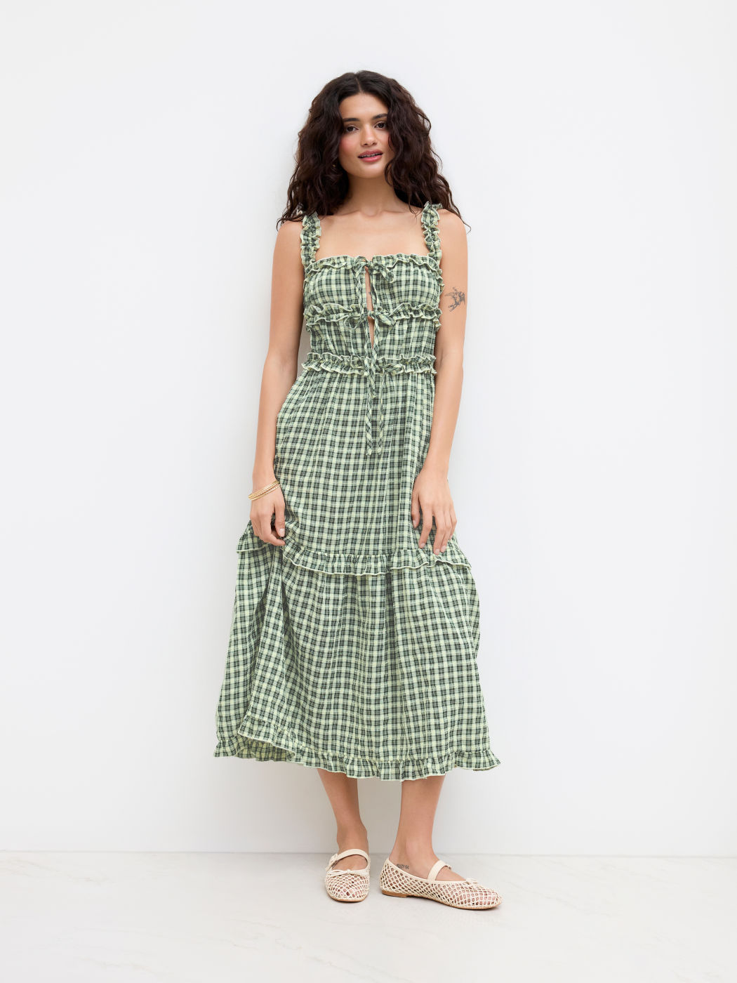 Square Neck Check Lettuce Trim Ruffle Tie Front Maxi Dress