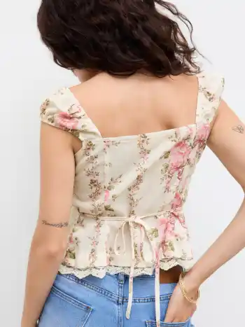 Floral Lace Trim Ruched Knotted Tank Top