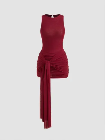 Mesh Draped Ruched Knotted Mini Dress