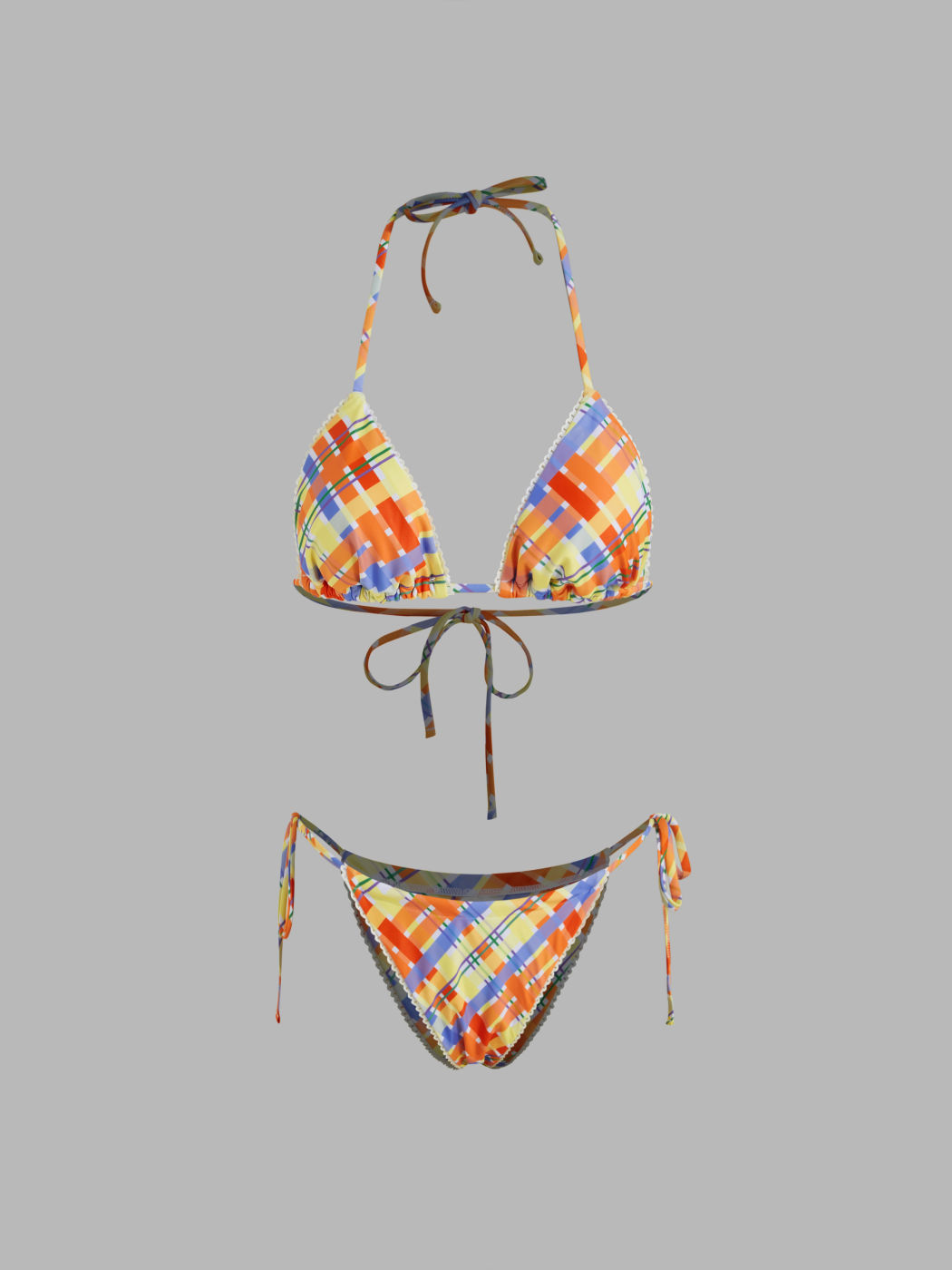 Bikini-Set mit Halterhalsausschnitt, Kästchenmuster, Knopfverschluss, Spitzenrand und Dreiecksbänder an der Seite