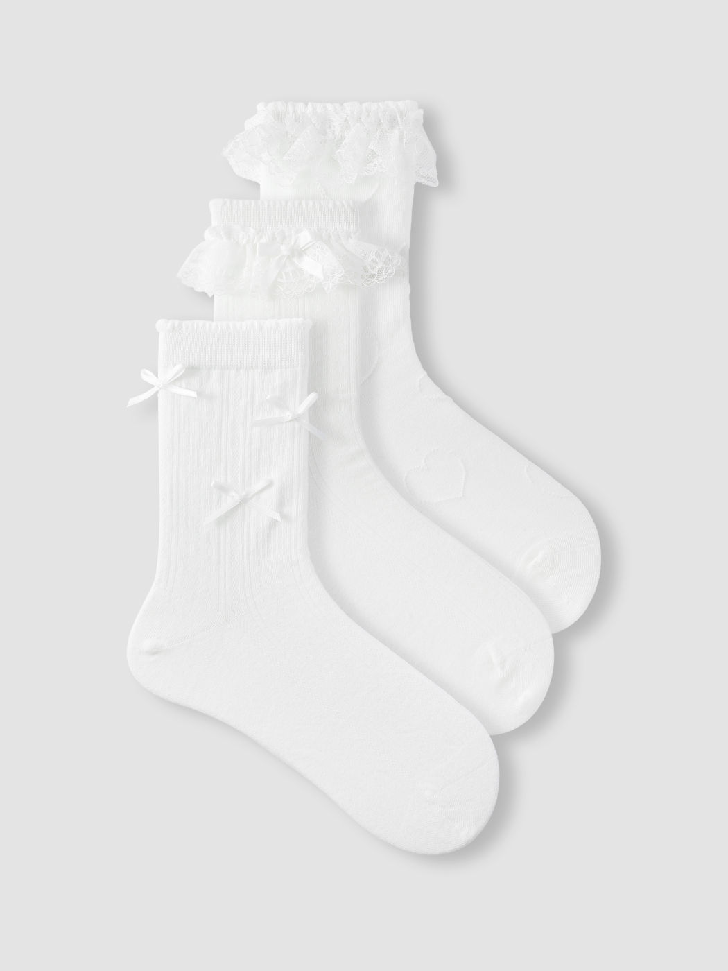 3 PAIRS BOW & LACE TRIM & HEART ANKLE SOCKS SET