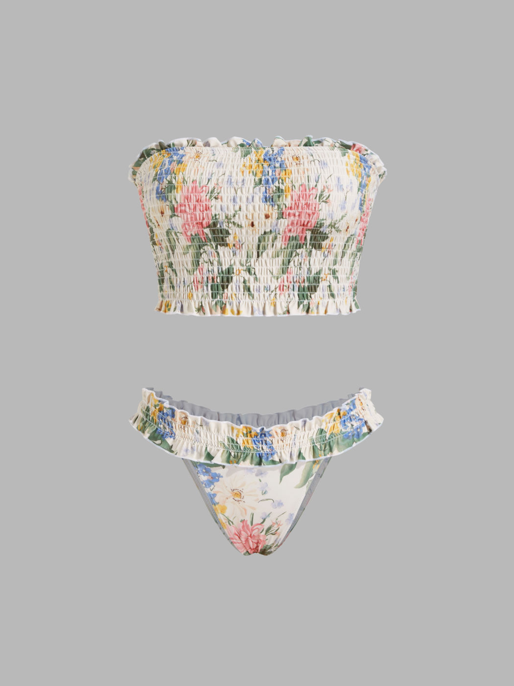 Bandeau Floral Shirred Lettuce Trim Bracelet Bikini Set