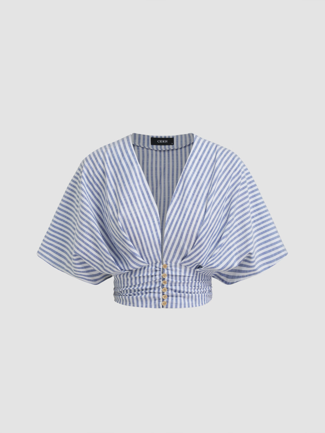 Cotton-blend V-neck Stripe Ruched Dolman Sleeve Shirt