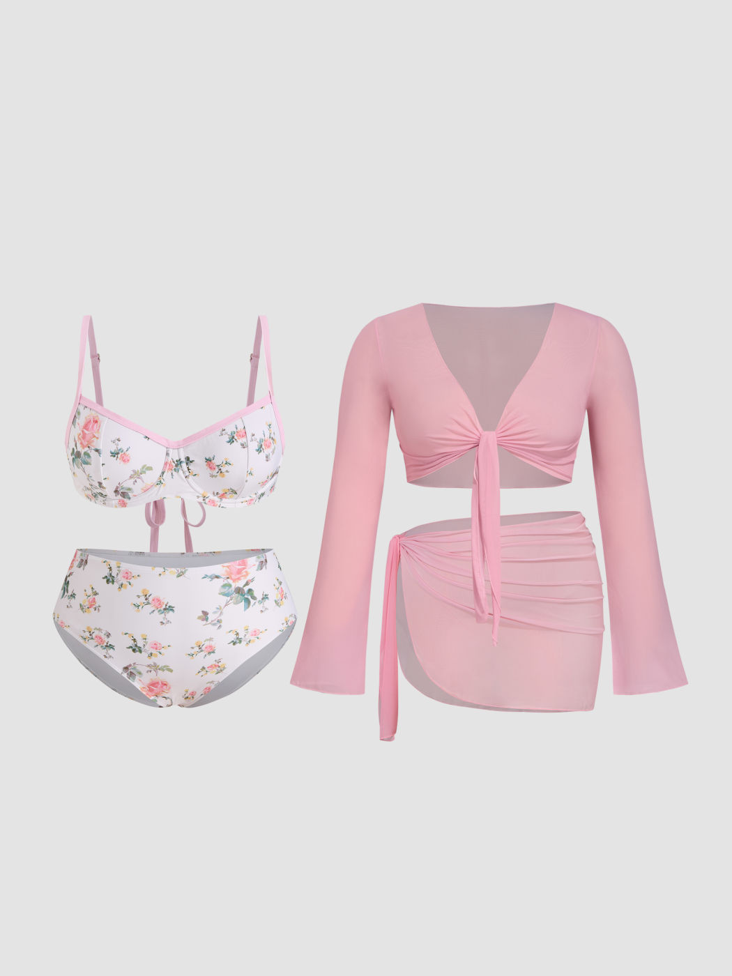 Sweetheart Floral Contrasting Binding Underwire Full Coverage Bikini Set With Cover Up Set Curve & Plus