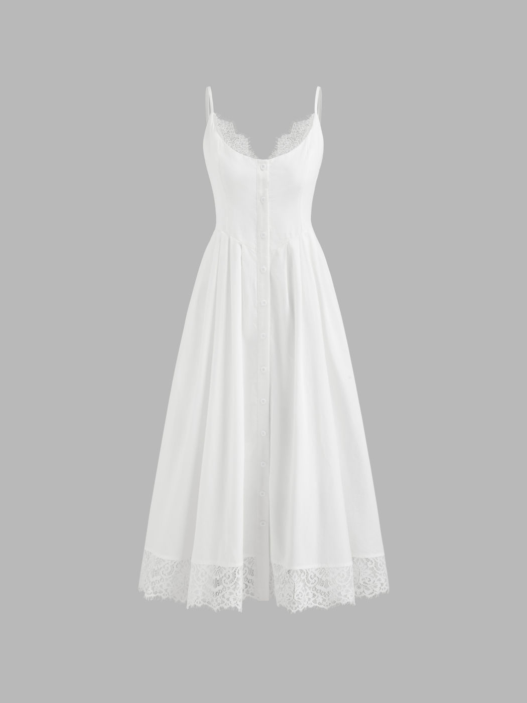 Baumwoll-V-Ausschnitt Spitzebesatz Knopfleiste Camisole Maxikleid