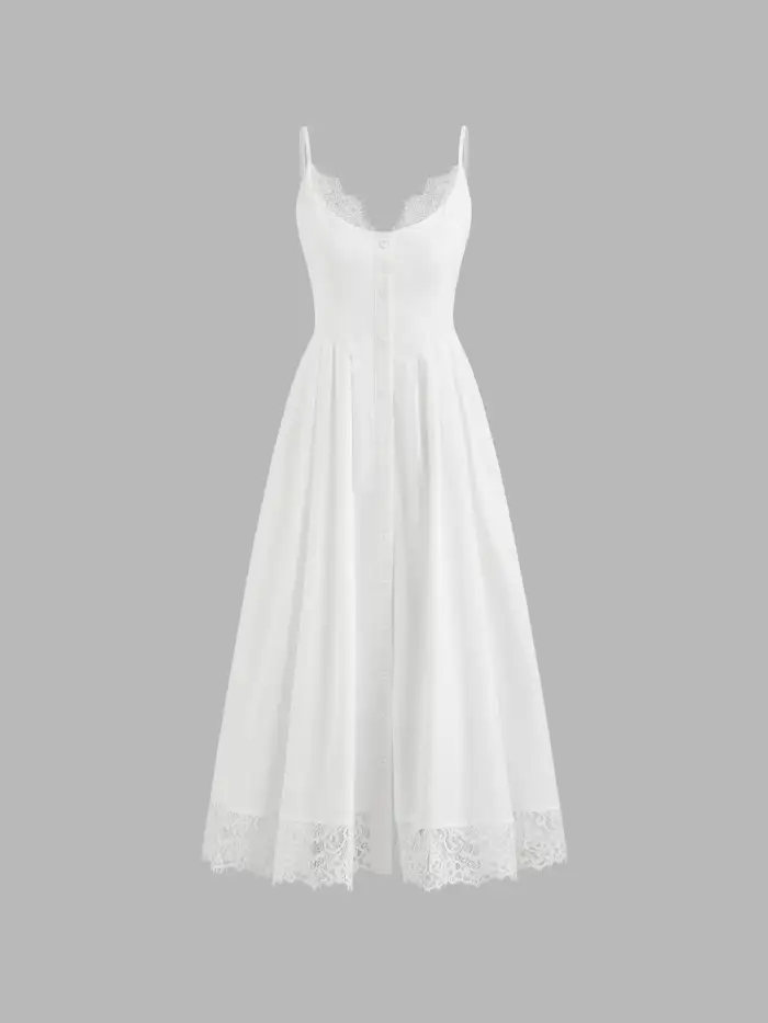 Woven Cotton V-neck Lace Trim Button Through Cami Maxi Dress For Vacation
