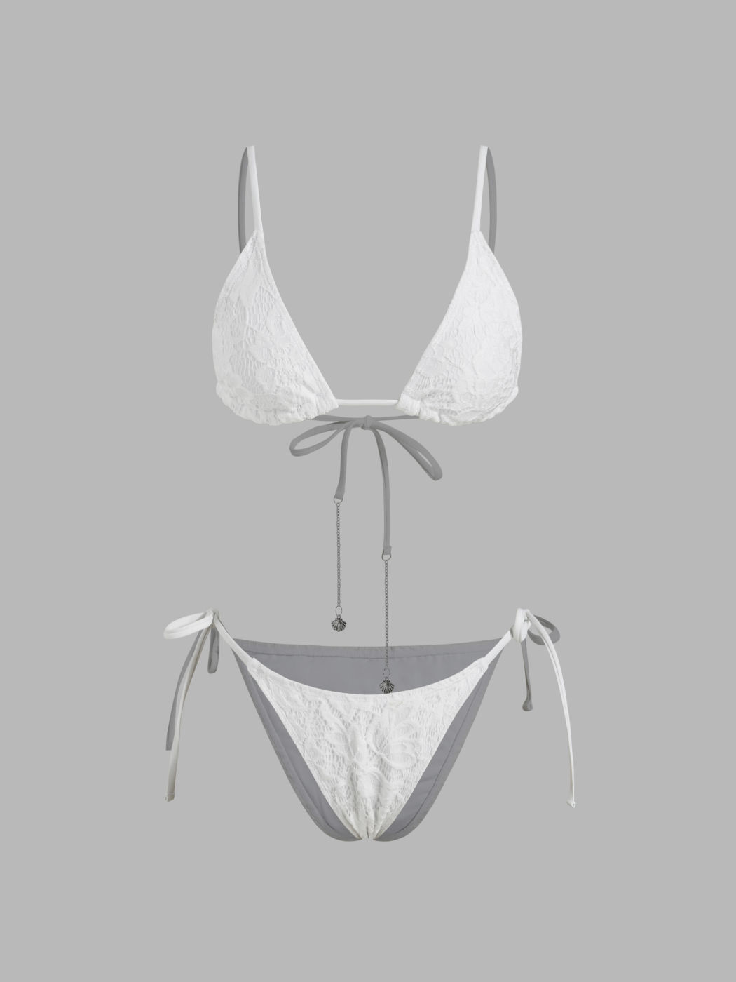 V-neck Lace Floral Texture Shell Detail Triangle Tie Side Bikini Set