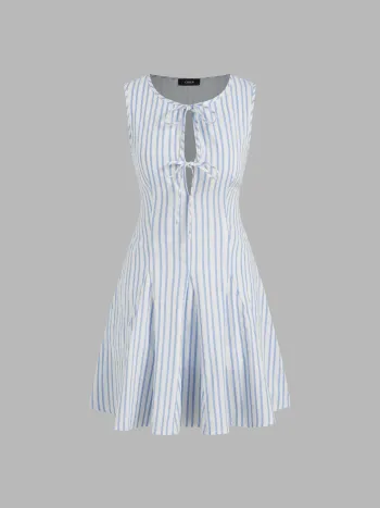 Baumwollmischung Streifen Mini-Kleid mit Schleife und Rüschen