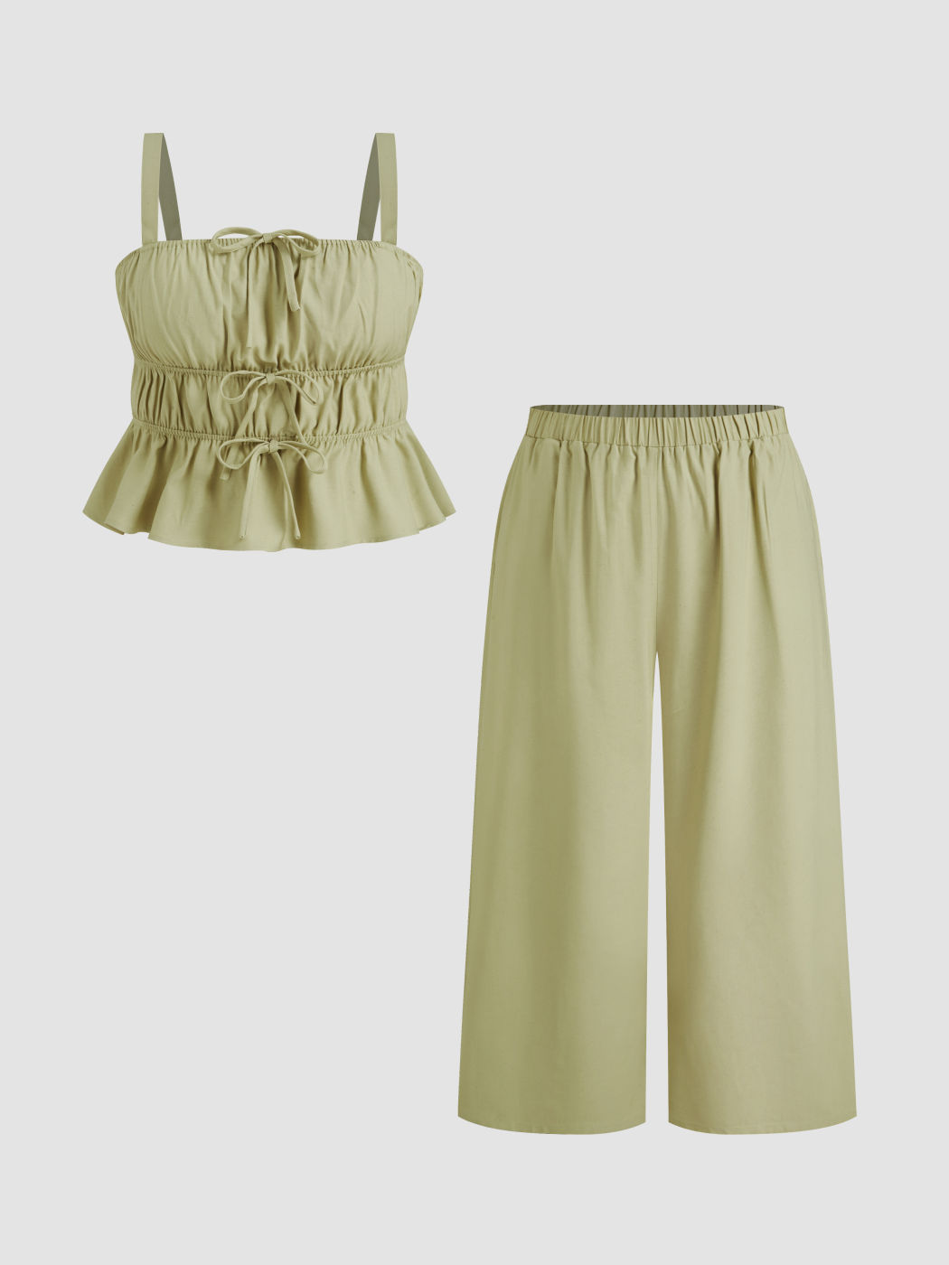 Linen-blend Bowknot Shirred Cami Top & Mid Rise Elastic Waist Trousers Set Curve & Plus