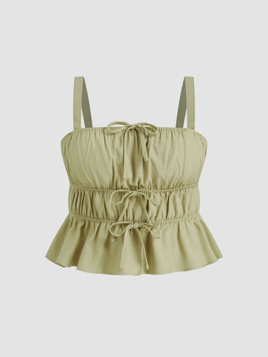Linen-blend Bowknot Shirred Cami Top & Mid Rise Elastic Waist Trousers Set Curve & Plus