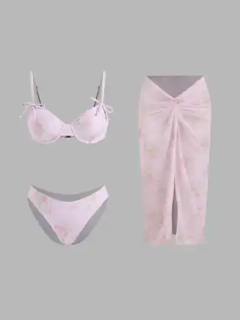 Sweetheart Floral Bowknot Underwire Cheeky Bikini Set With Twist Sarong