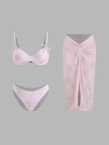 Set bikini sfacciato a balconcino con fiocco floreale e pareo a torsione