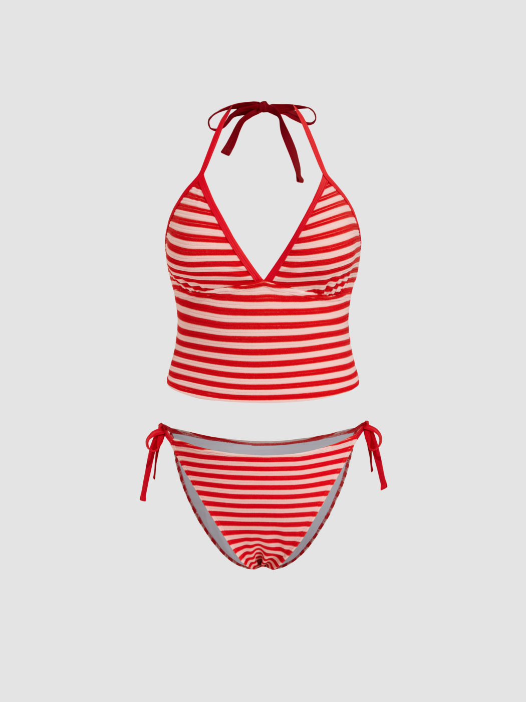 V-neck Stripe Knotted Halter Tie Side Tankini Bikini Set Curve & Plus