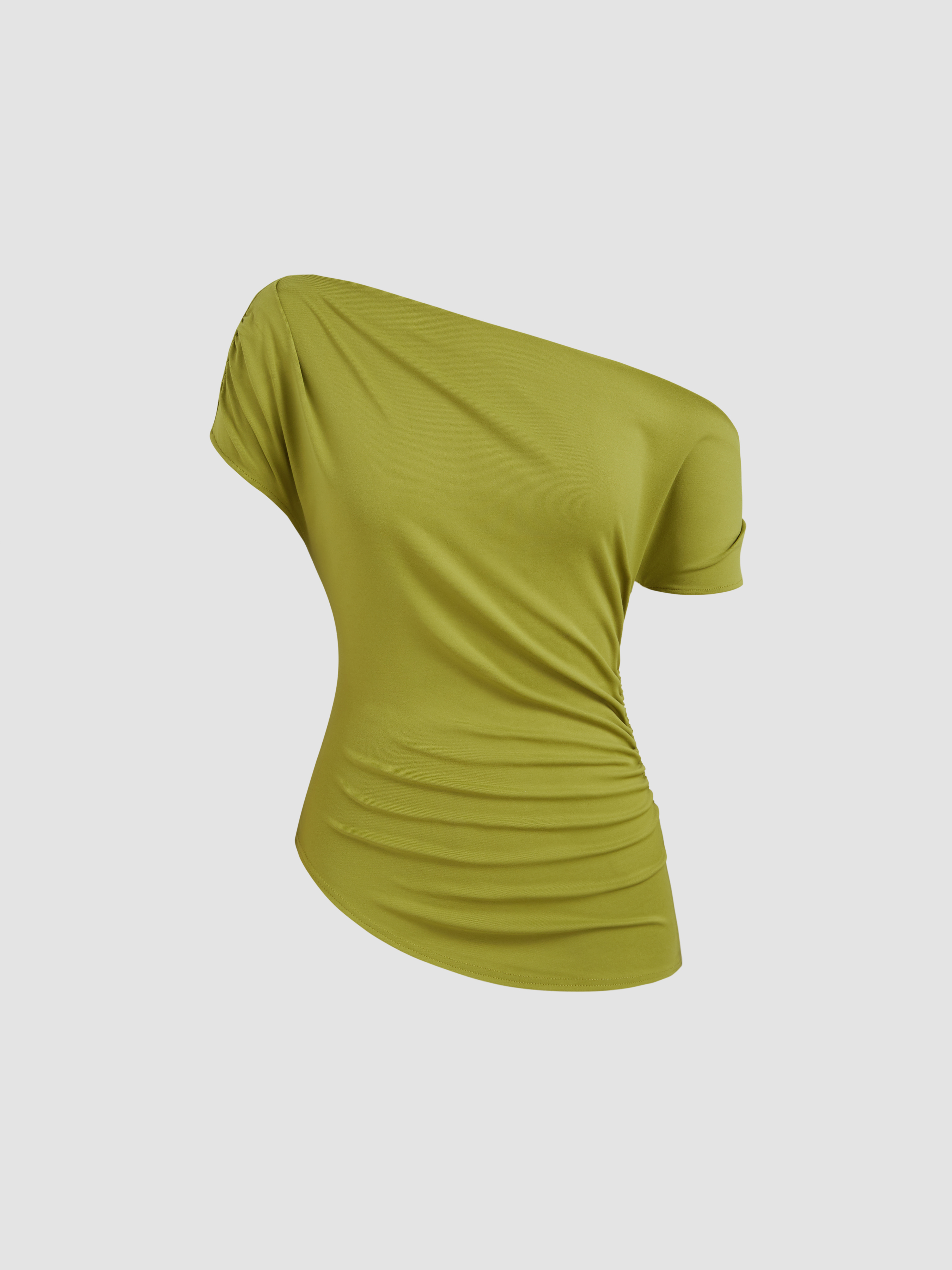 トップス Side Gather Tops Knit Fabric Asymmetrical Neck Ruched Short Sleeve Top For