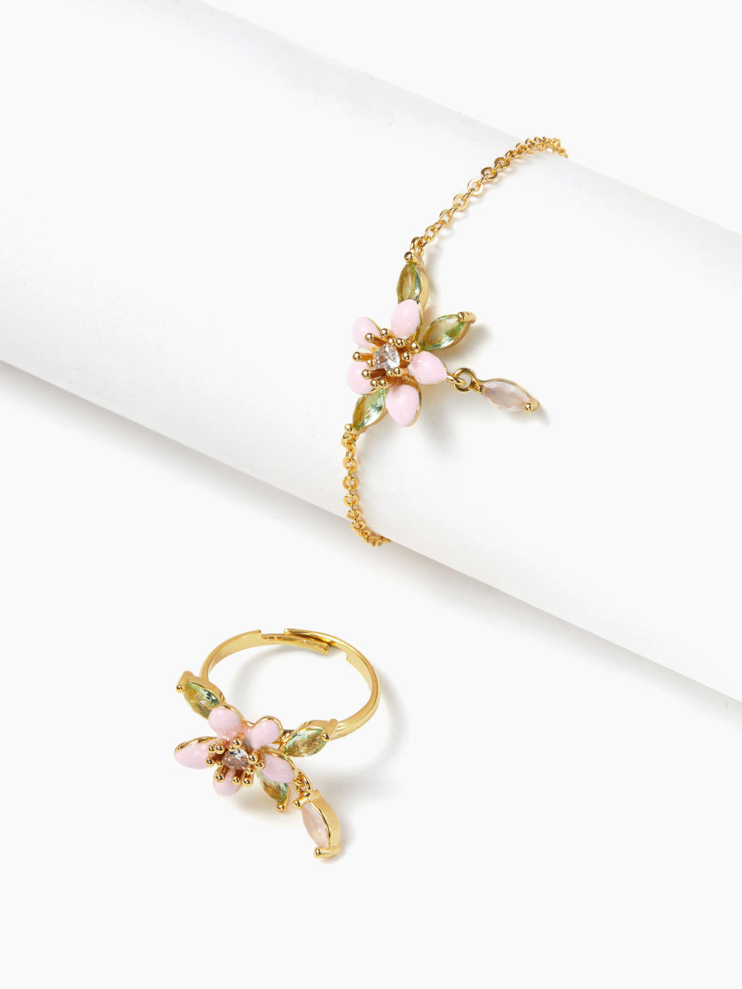 ZIRCON FLORAL & HEART RING & BRACELET SET