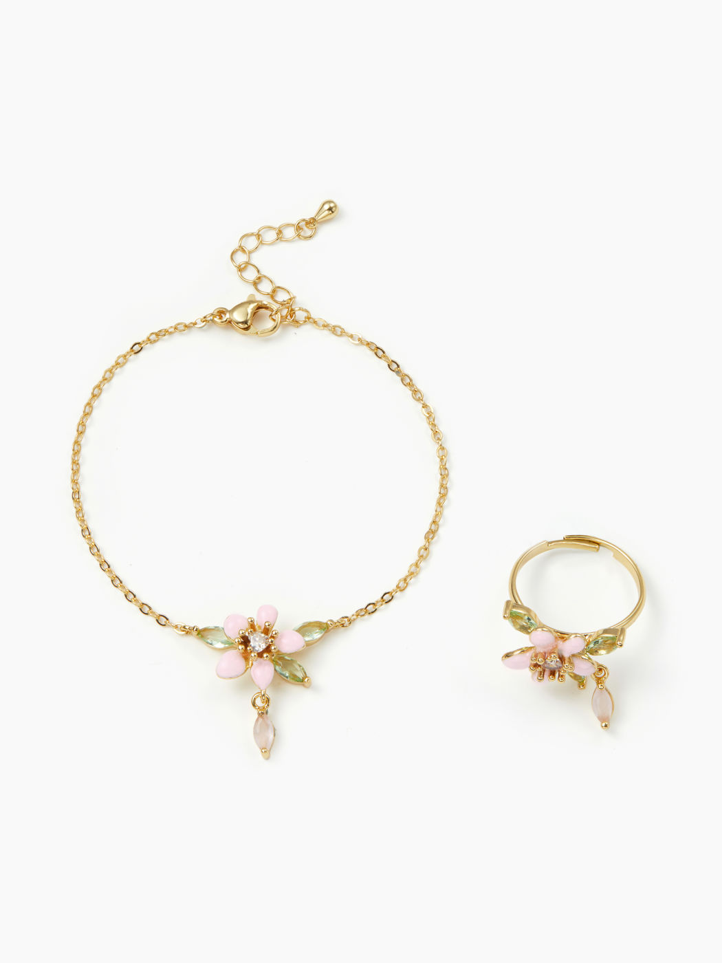ZIRCON FLORAL & HEART RING & BRACELET SET