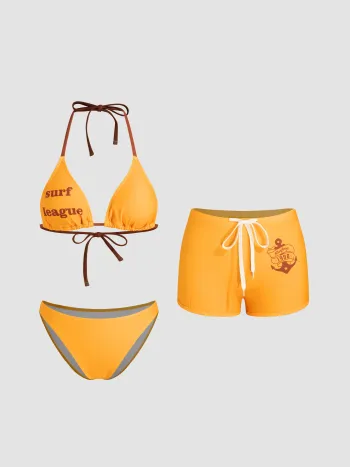 Surf League Halter-Halslinie Grafikgeknotetes Dreieck Cheeky Bikini-Set mit Cover-Up Shorts