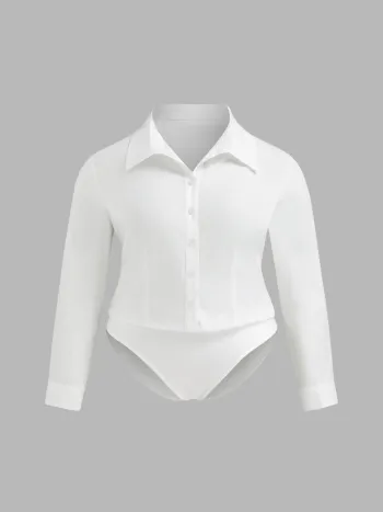 Cotton Collar Shirt Bodysuit Curve & Plus