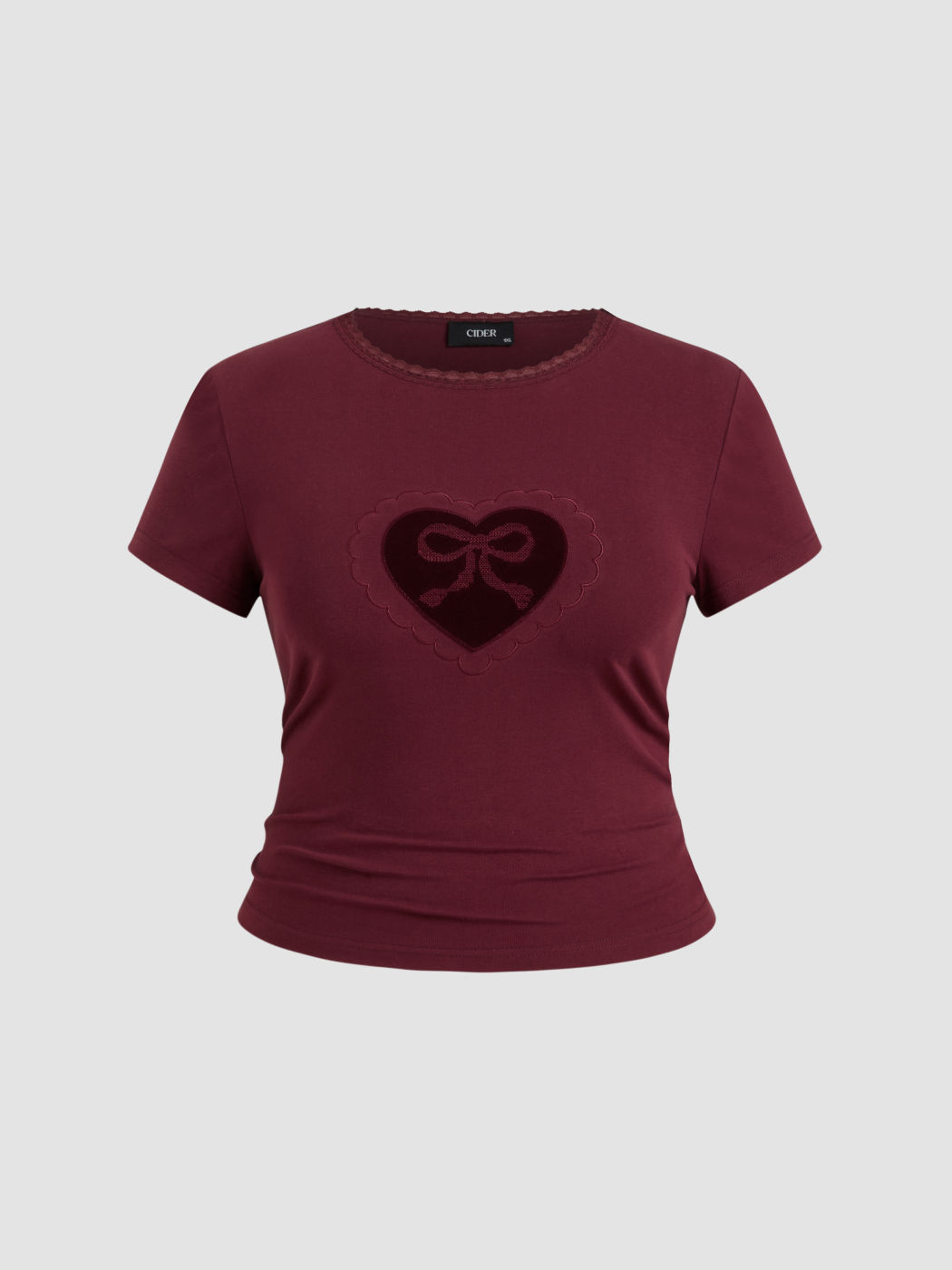 Baumwollmischung Schleifenherz Spitze beschnittene geriffelte T-Shirt Kurve & Plus