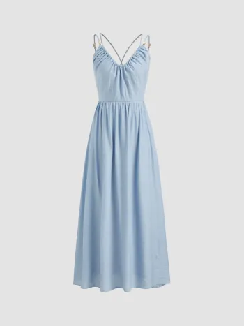 Linen-blend Beaded Criss Cross Backless Maxi Dress