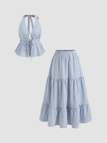 Cotton-blend Halter Neckline Stripe Tie Front Shirred Top & Mid Rise Elastic Waist Ruffle Maxi Skirt Set