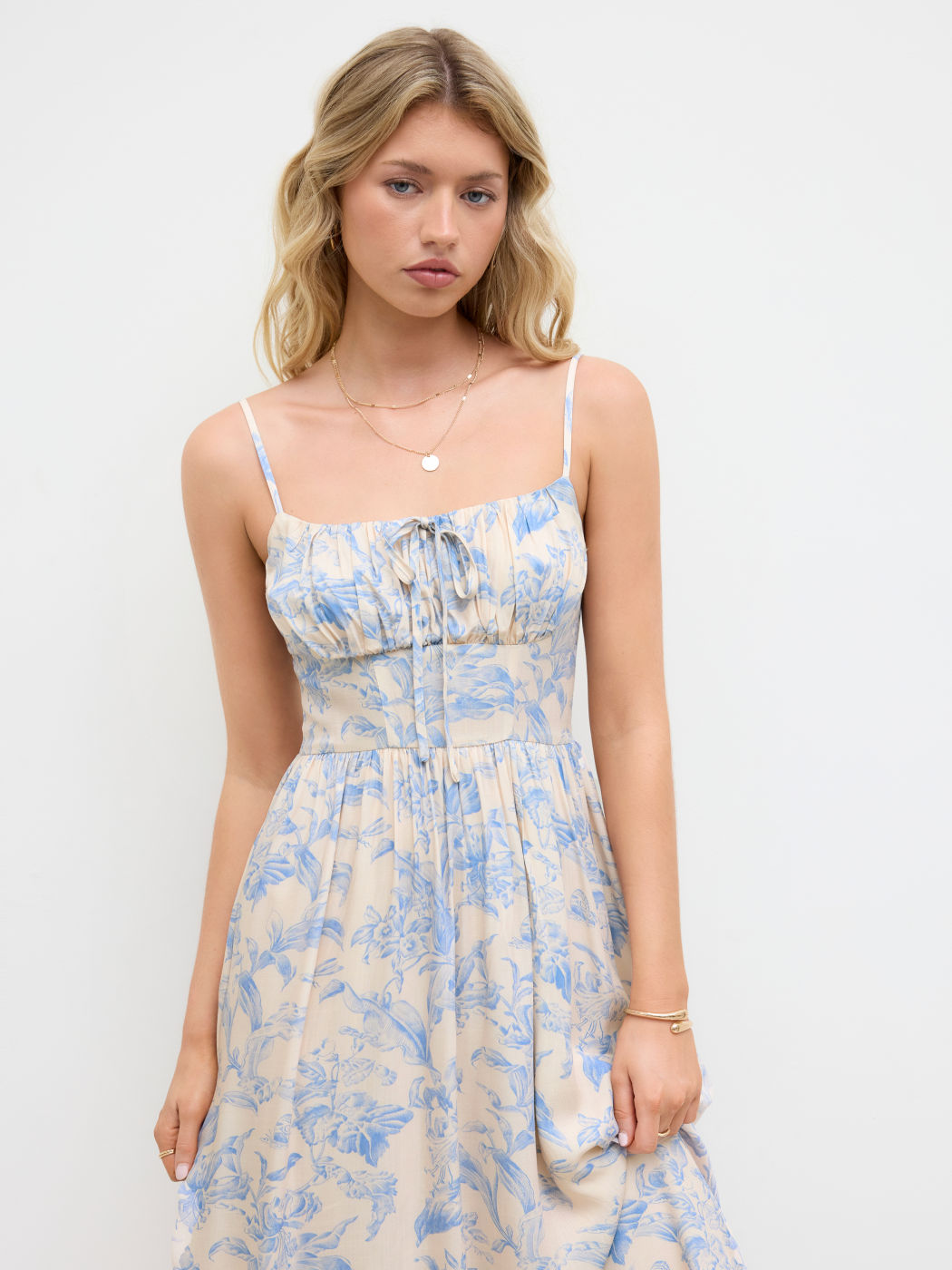 Cotton Square Neck Floral Ruched Knotted Midi Dress