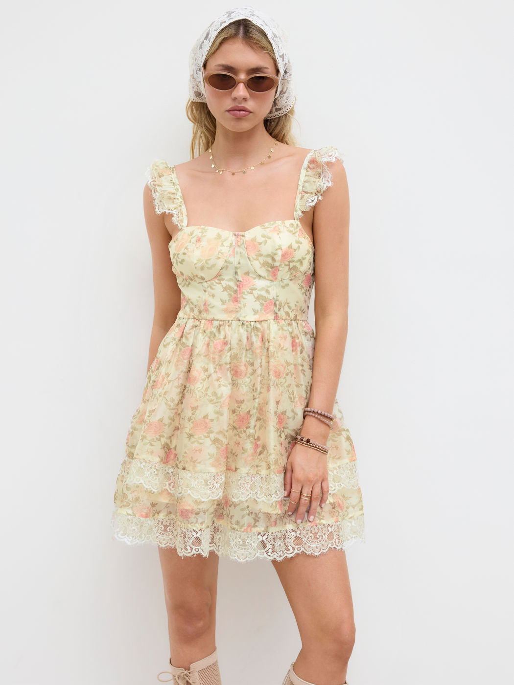 Sweetheart Ditsy Floral Layered Lace Trim Corset Mini Dress