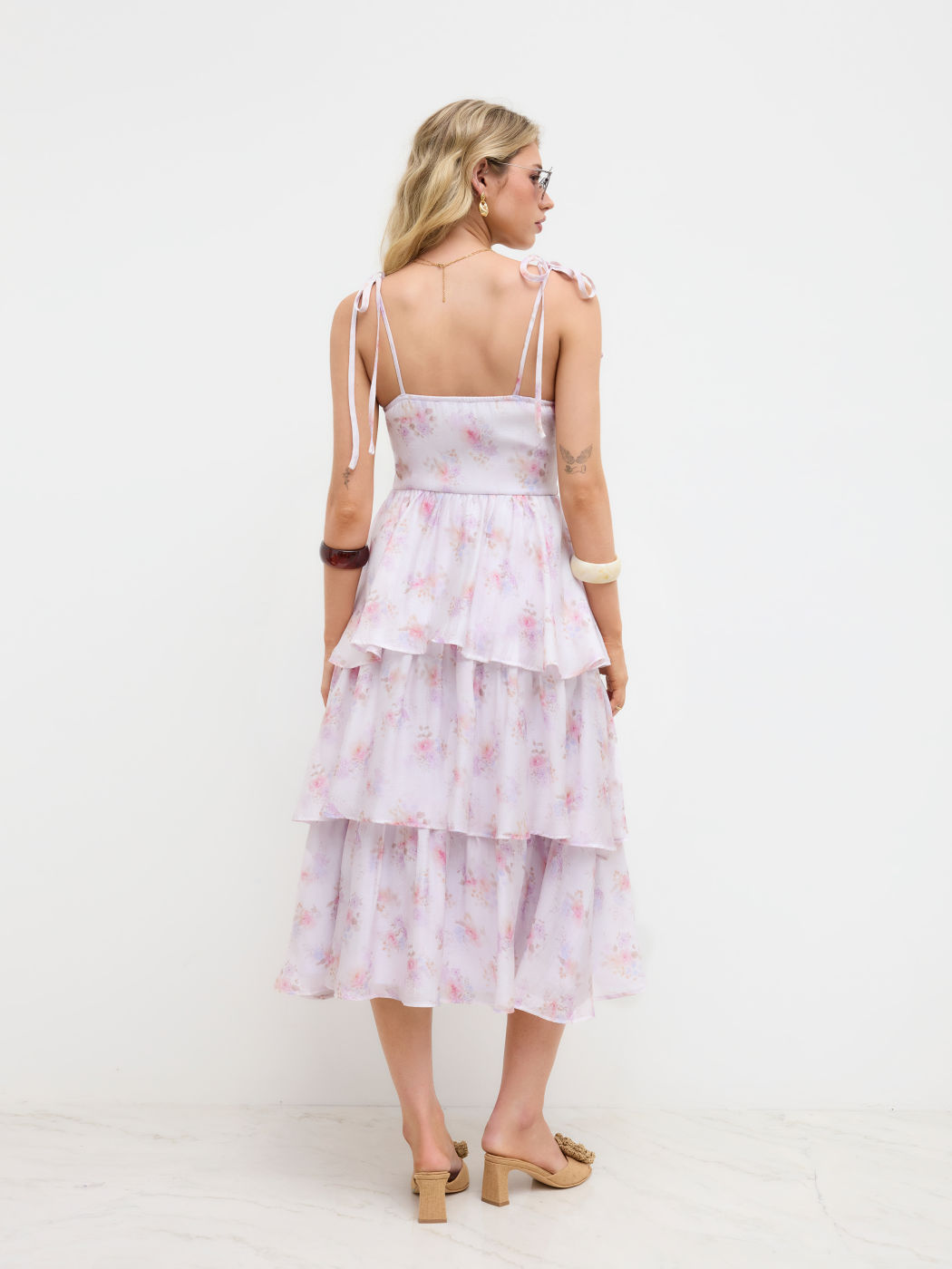 Sweetheart Ditsy Floral Knotted Layered Ruffle Hem Midi Dress