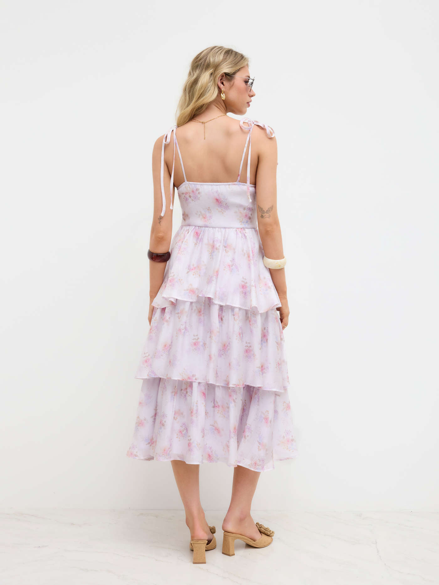 Sweetheart Ditsy Floral Knotted Layered Ruffle Hem Midi Dress