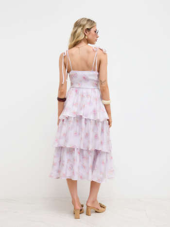 Sweetheart Ditsy Floral Knotted Layered Ruffle Hem Midi Dress