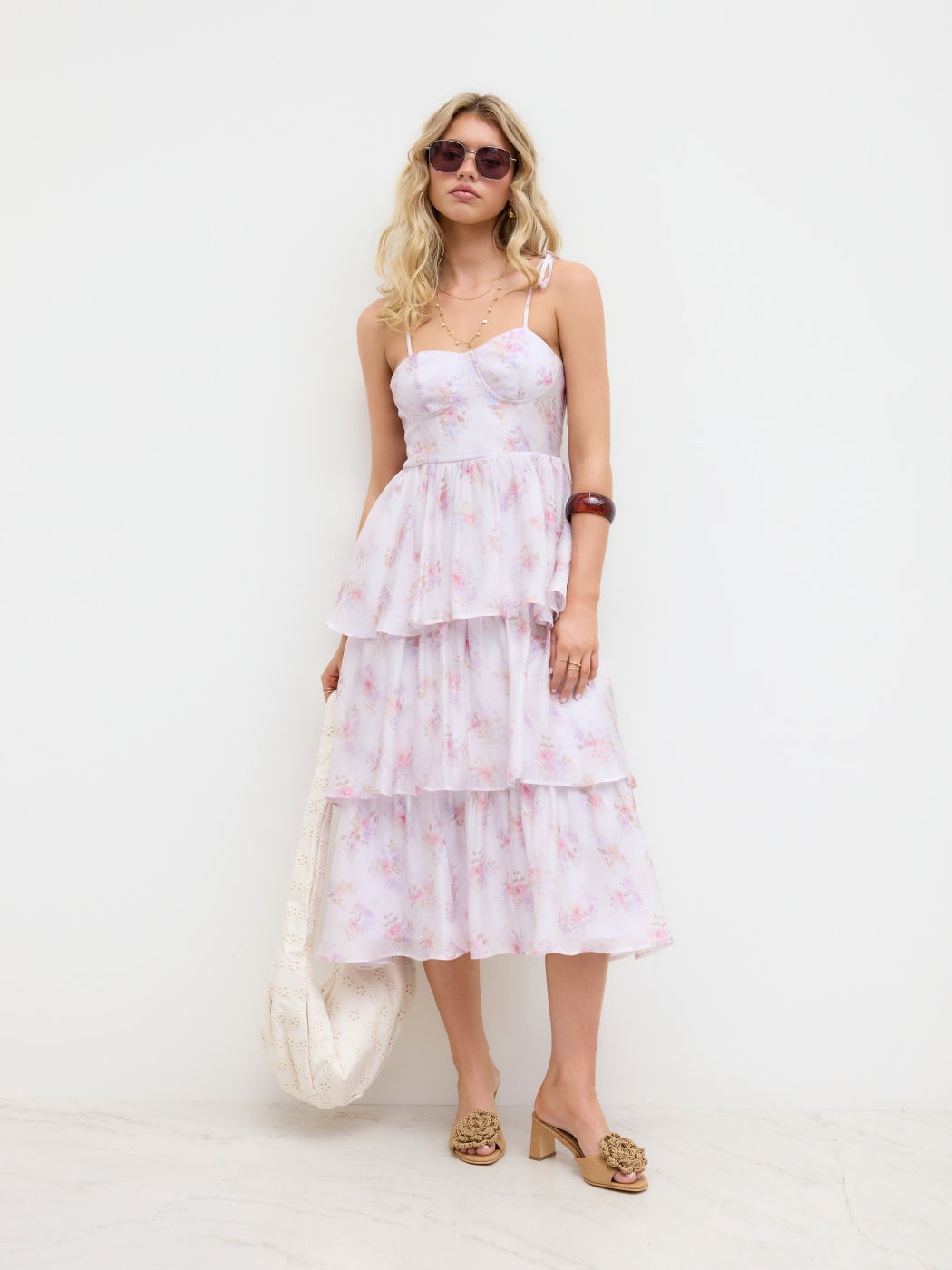 Sweetheart Ditsy Floral Knotted Layered Ruffle Hem Midi Dress