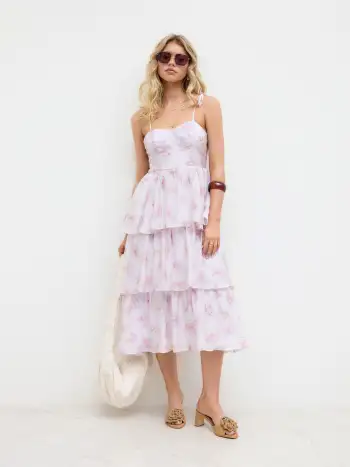 Sweetheart Ditsy Floral Knotted Layered Ruffle Hem Midi Dress