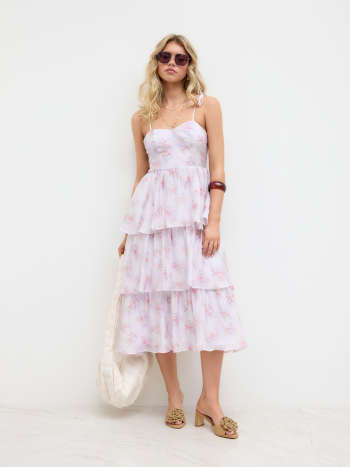Sweetheart Ditsy Floral Knotted Layered Ruffle Hem Midi Dress
