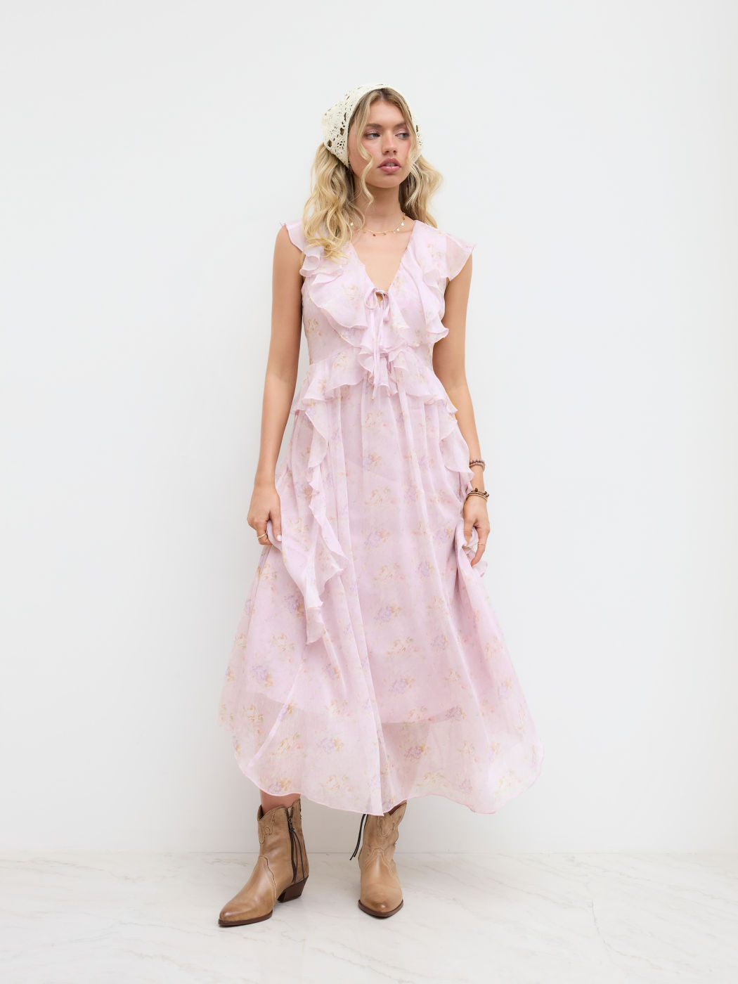 Chiffon V-neck Floral Knotted Ruffle Hem Maxi Dress