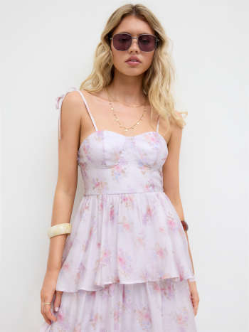 Sweetheart Ditsy Floral Knotted Layered Ruffle Hem Midi Dress