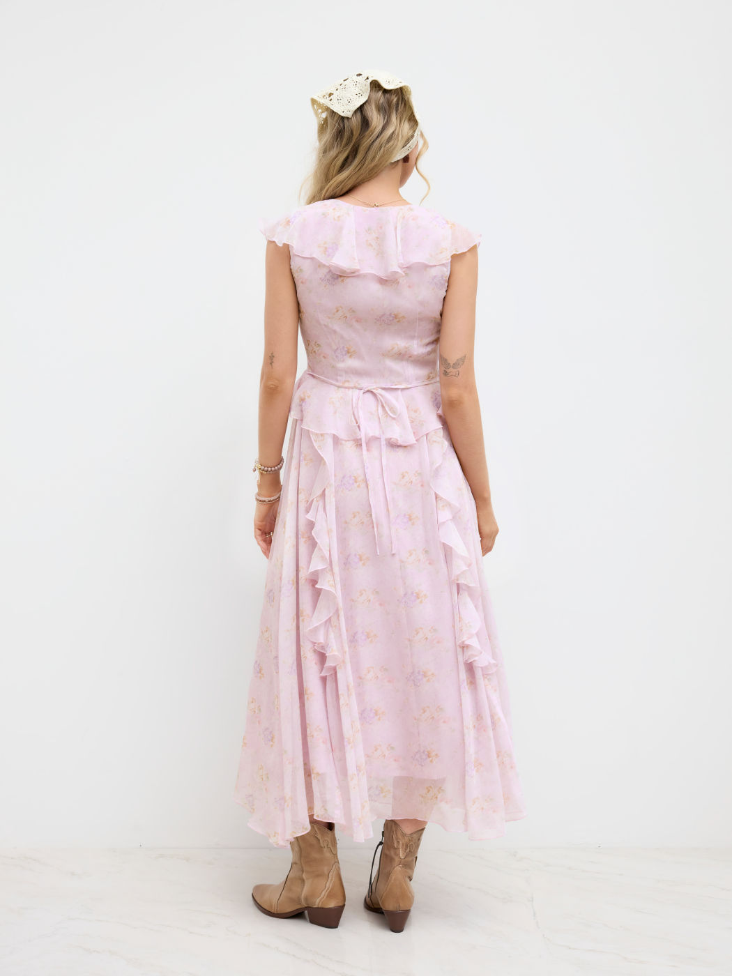 Chiffon V-neck Floral Knotted Ruffle Hem Maxi Dress