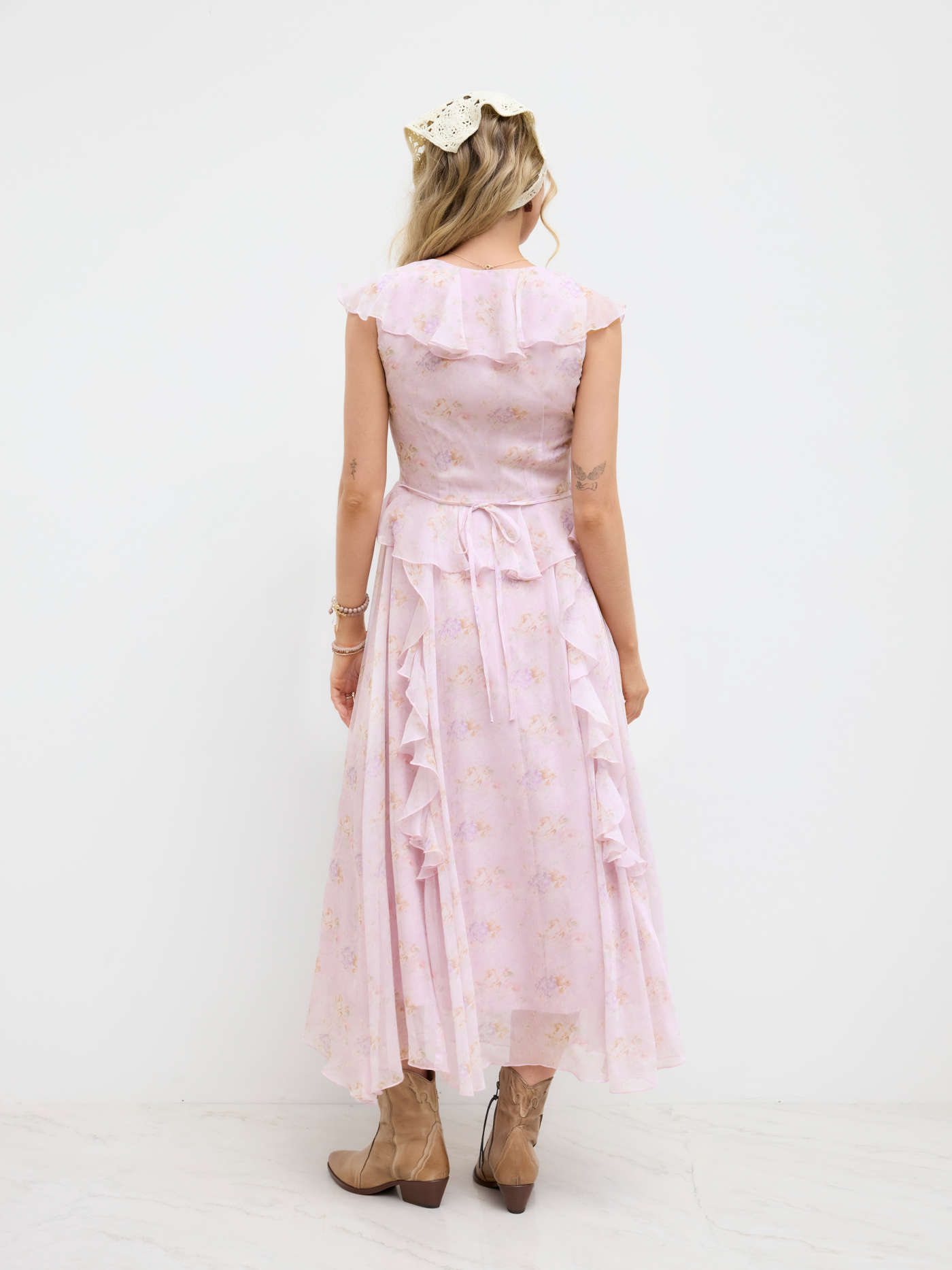 Chiffon V-neck Floral Knotted Ruffle Hem Maxi Dress