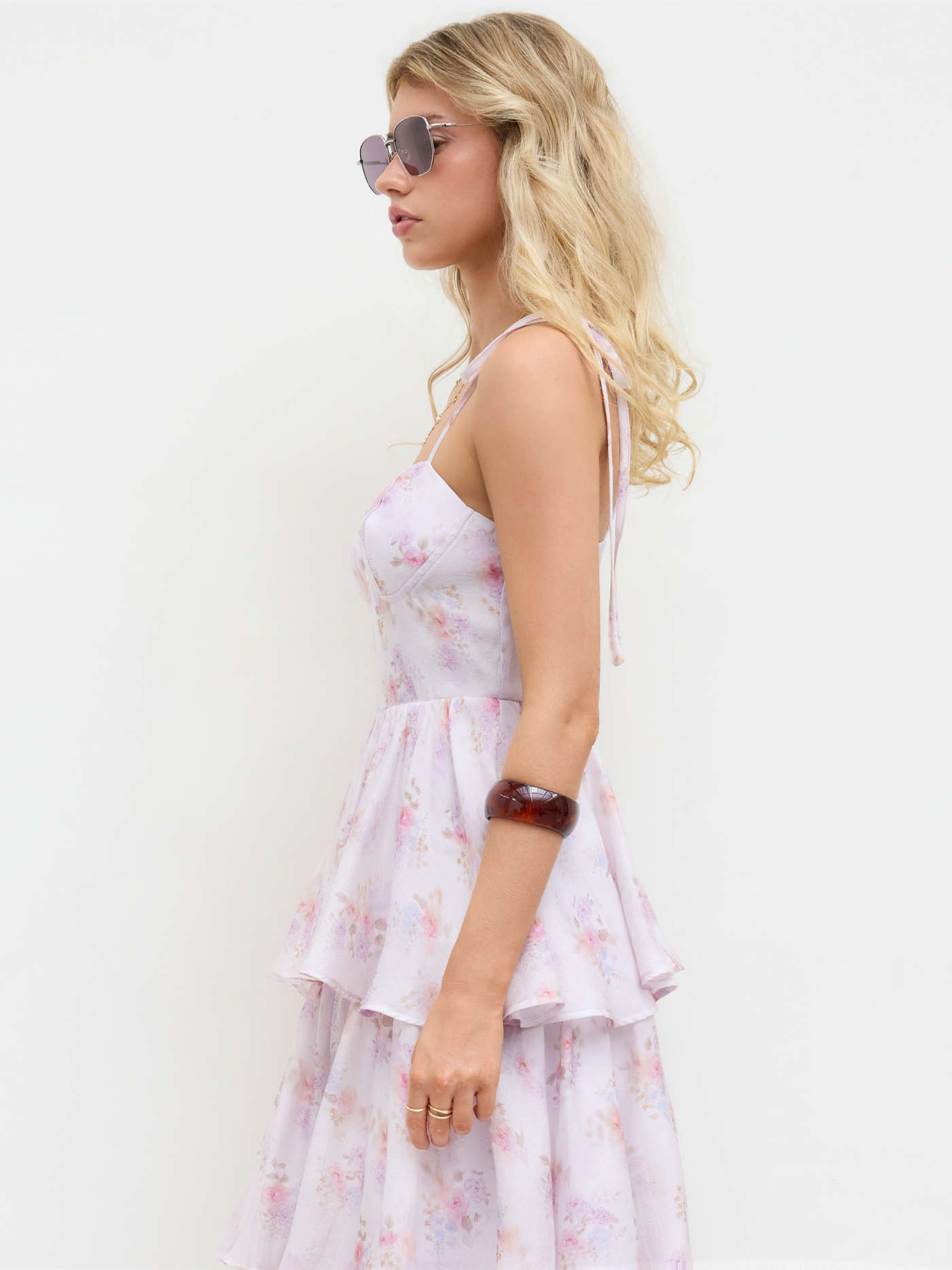Woven Sweetheart Ditsy Floral Knotted Layered Ruffle Hem Midi Dress For Date
