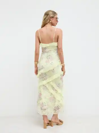 Spitzen-V-Ausschnitt Blumen-Ruffle Maxikleid