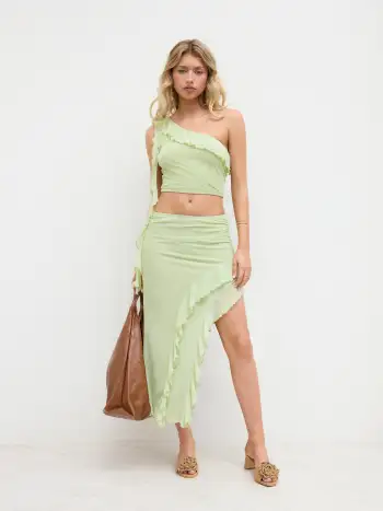 Mesh Asymmetrical Neck Solid Layered Ruffle Hem Mini Dress
