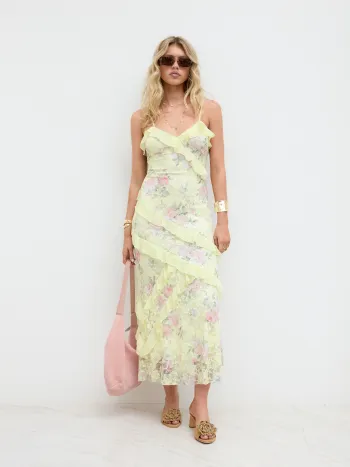 Spitzen-V-Ausschnitt Blumen-Rüschen Maxikleid