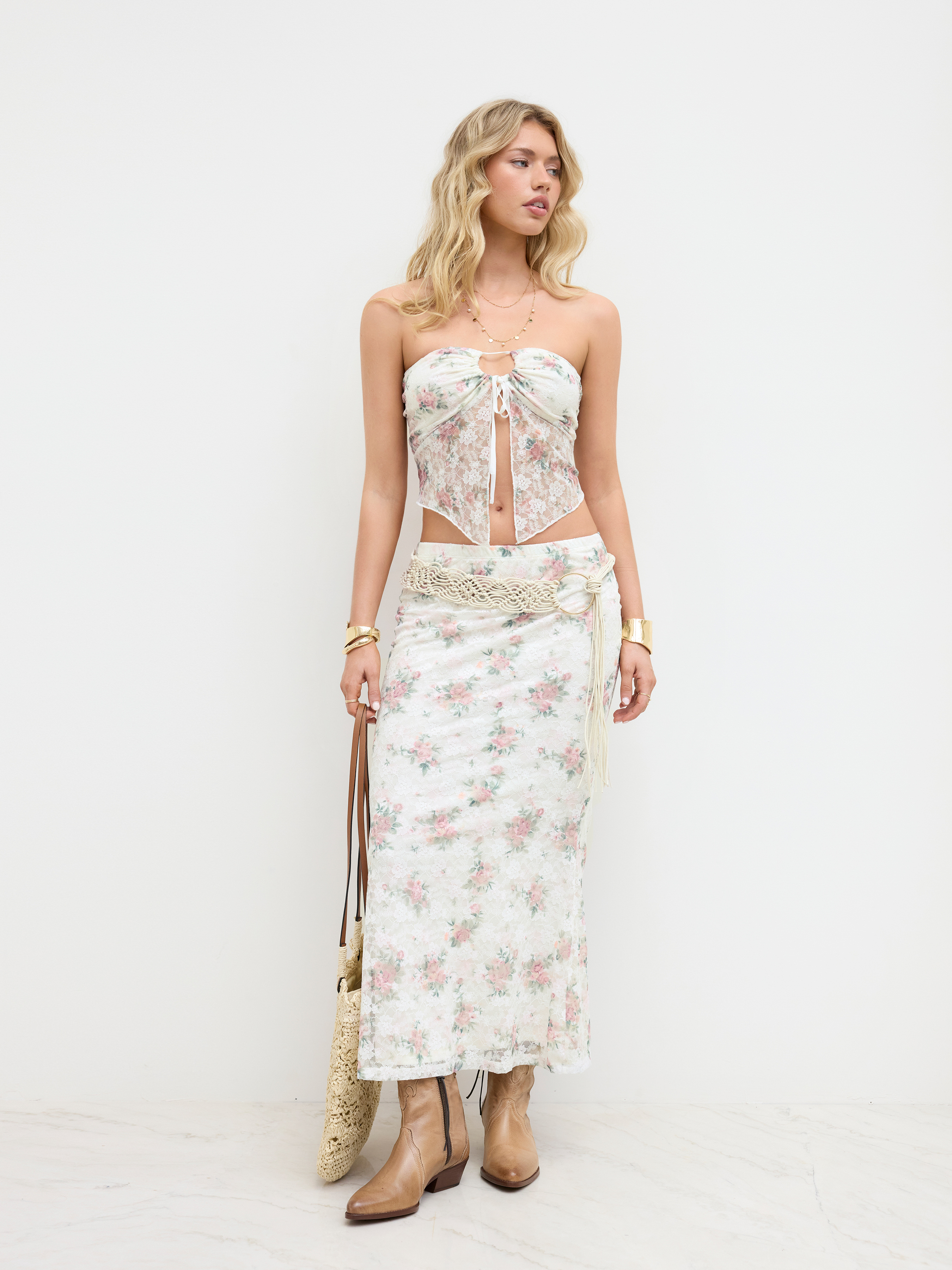 Lace Ditsy Floral Split Knotted Bandeau Top With Mermaid Maxi Skirt Set
