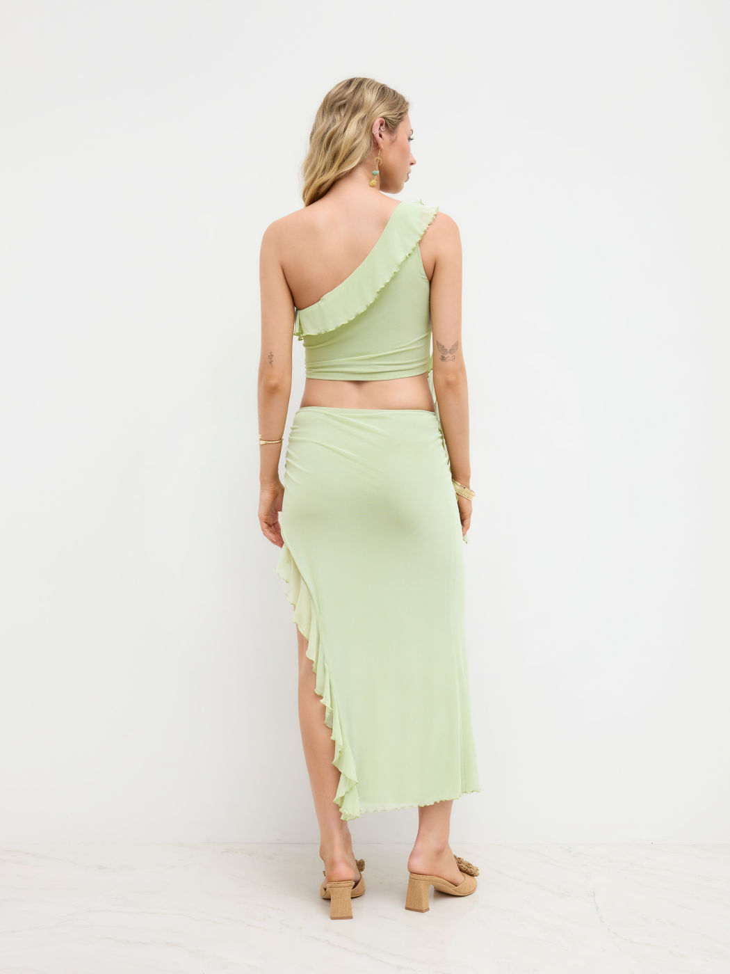 Mesh Ruffle Crop Tank Top & Mid Rise Asymmetrical Hem Midi Skirt