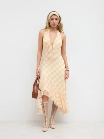 Mesh Halter Neckline Plaid Asymmetrical Ruffle Hem Midi Dress