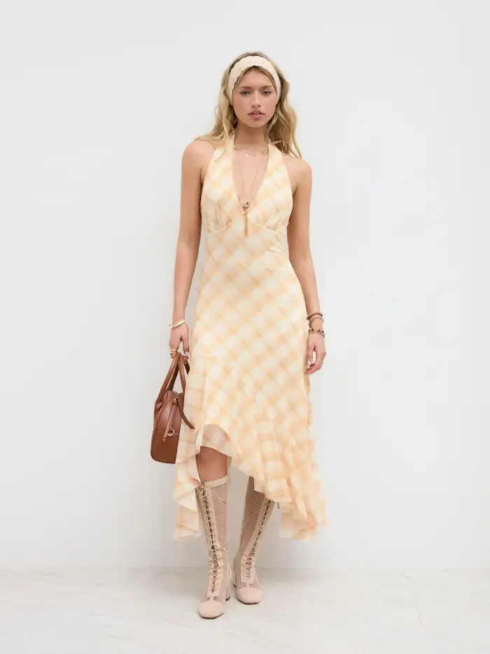 knee length dresses for ladies Sage Floral Print Mesh Ruched Ruffle Laced Hem Dress main image 0