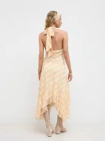 Mesh Halter Neckline Plaid Asymmetrical Ruffle Hem Midi Dress