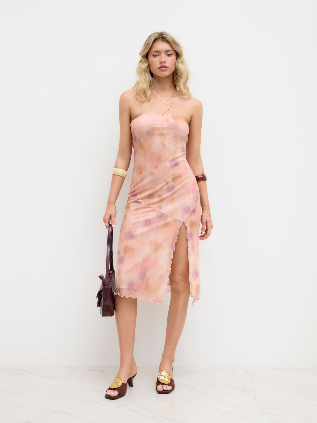 Mesh Bandeau Illusion Abstract Lettuce Trim Split Midi Dress