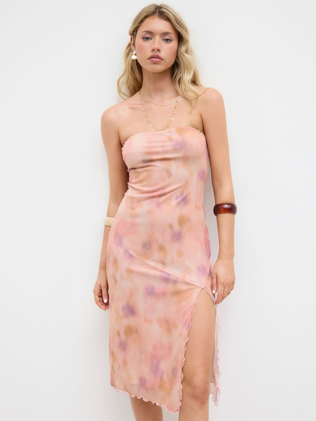 Mesh Bandeau Illusion Abstract Lettuce Trim Split Midi Dress