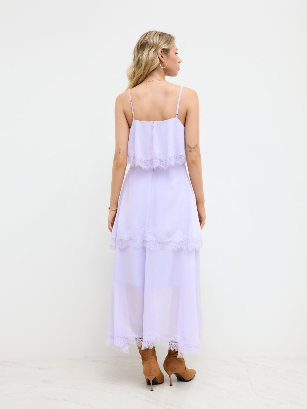 V-neck Lace Trim Layered Maxi Dress