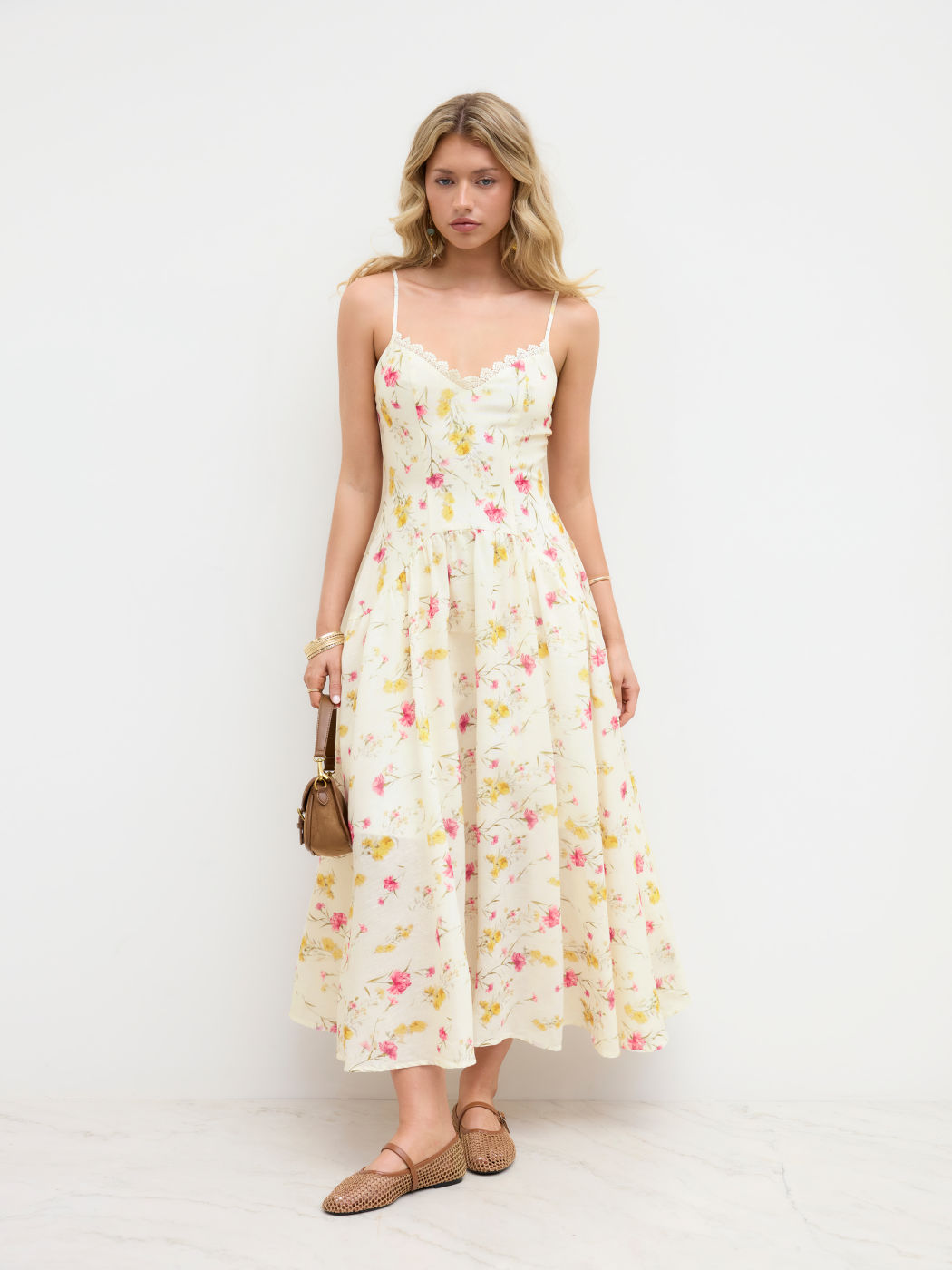 V-neck Floral Broderie Anglaise Trim Ruffle Midi Dress